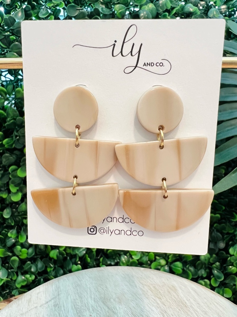 New Marbled Ivory Triple Tier Half Moon Statement Dangle Earrings | Gold Accents
